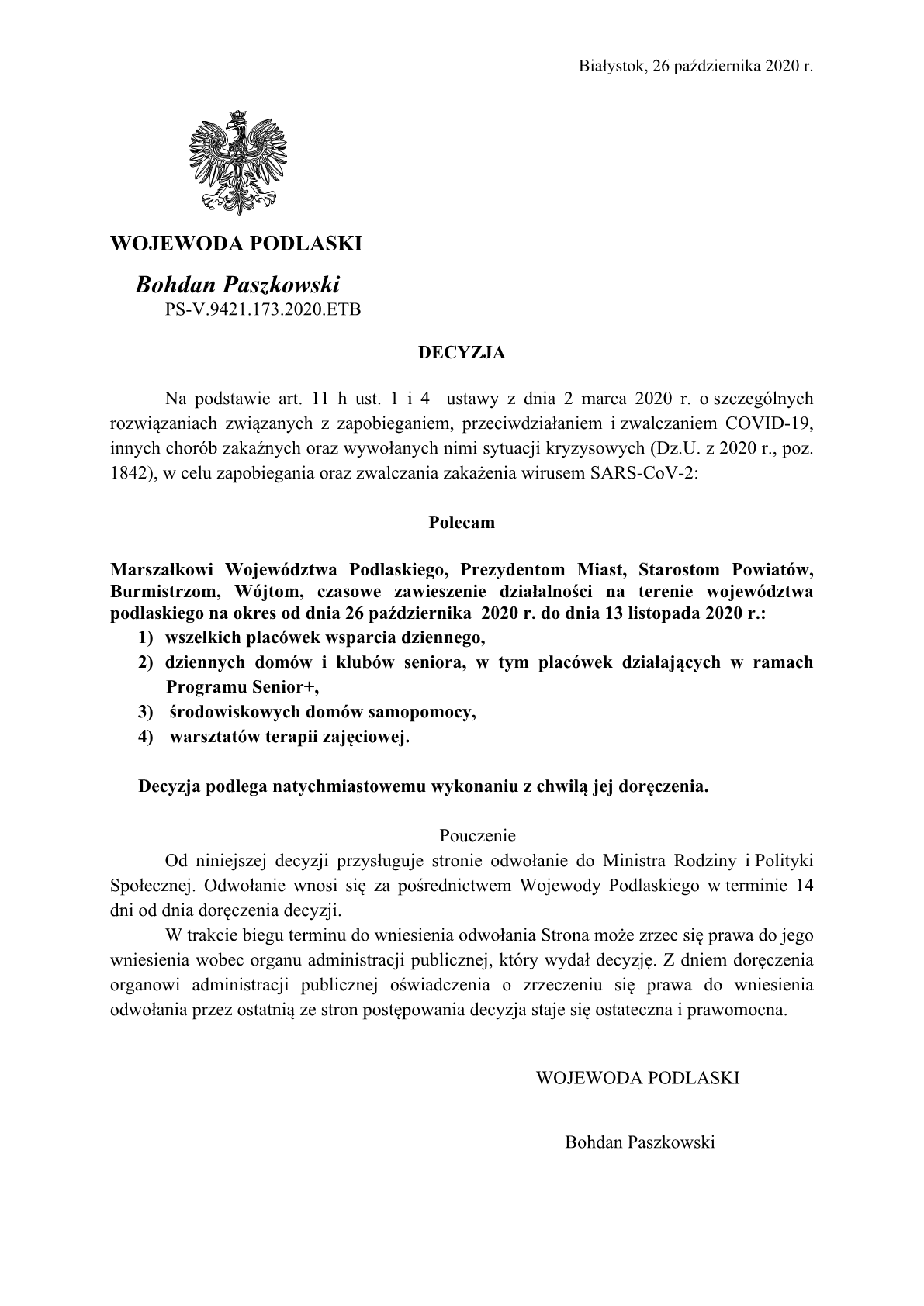 Decyzja Wojewody Podlaskiego zawieszajca placwki wsparcia dziennego od 26 padziernika do 13112020 11