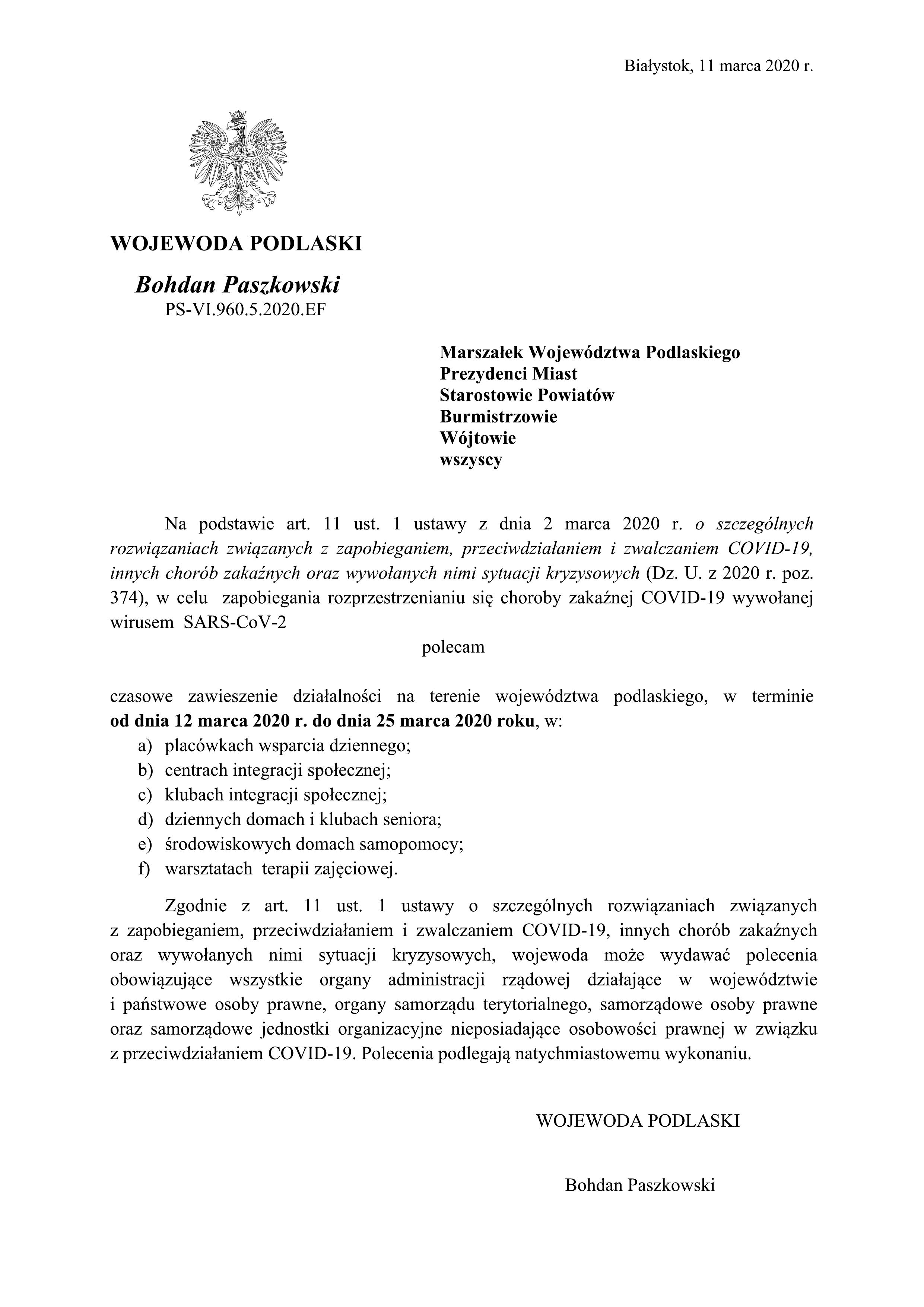 Pismo Wojewody Podlaskiego w sprawie zawieszenia dziaalnoci1